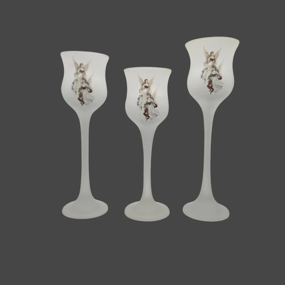 Set of 3 Frosted Glass Angel Candle Holders Goblet Style Wedding Decor